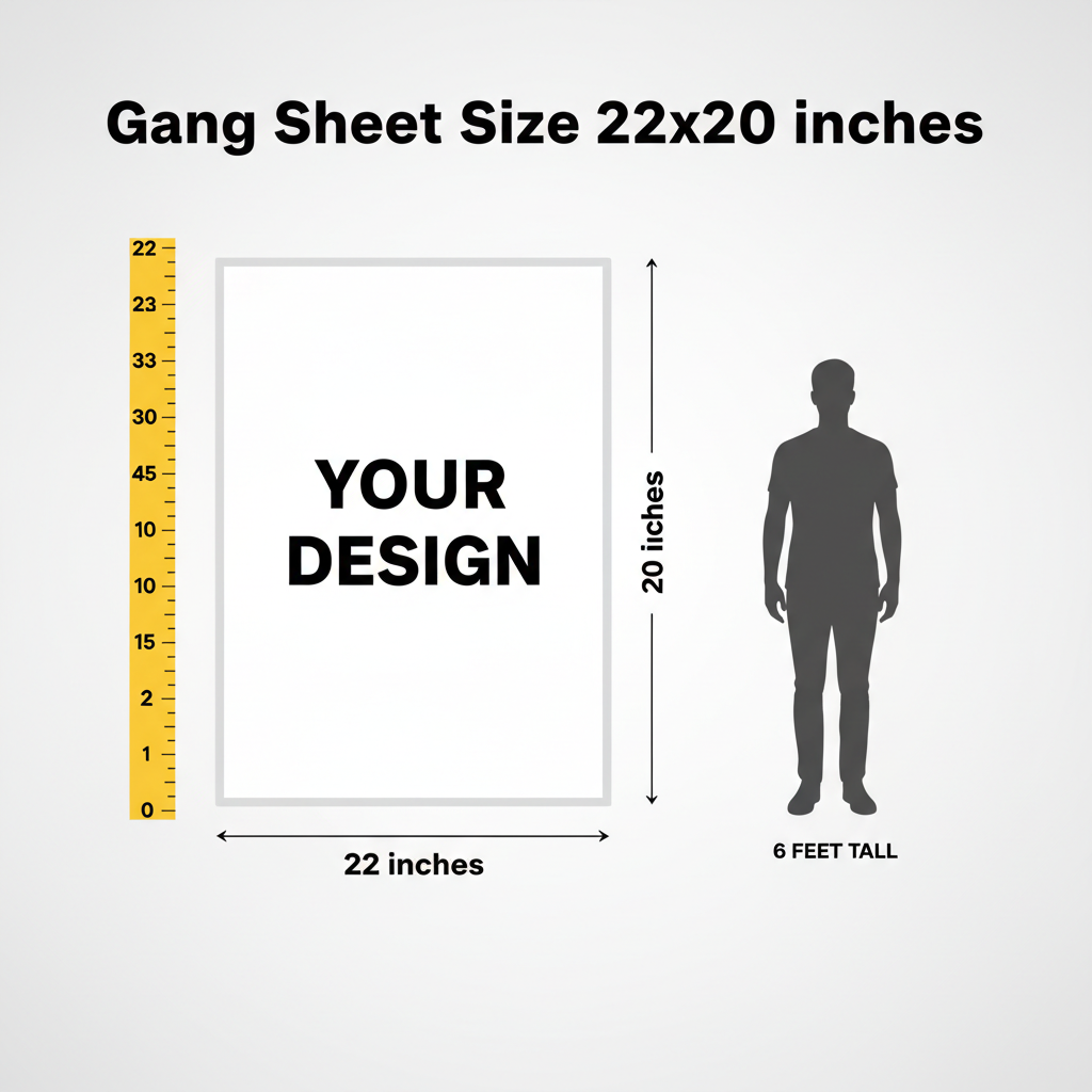 Gang Sheet Size Chart - Person for scale with ruler and sheet dimensions
